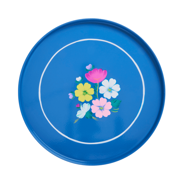 Blue metal tray with floral motif