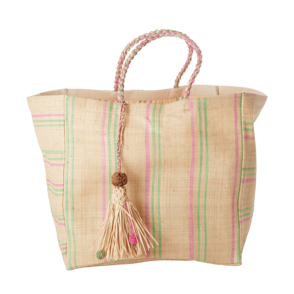 <tc>Raffia shopping bag with green and pink details</tc>