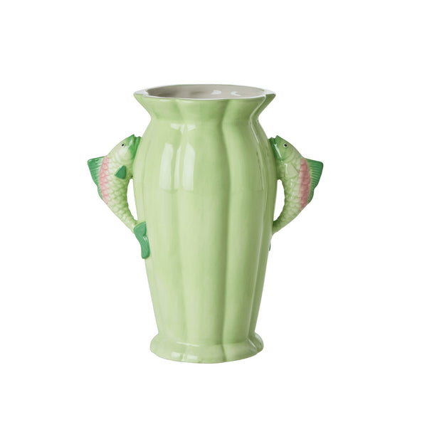 Light green ceramic vase with fish