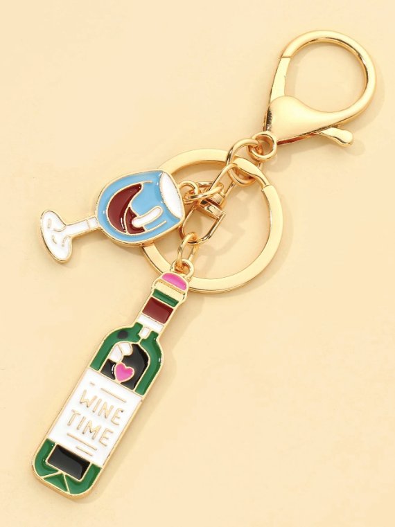 Wine bottle and wine glass Key ring
